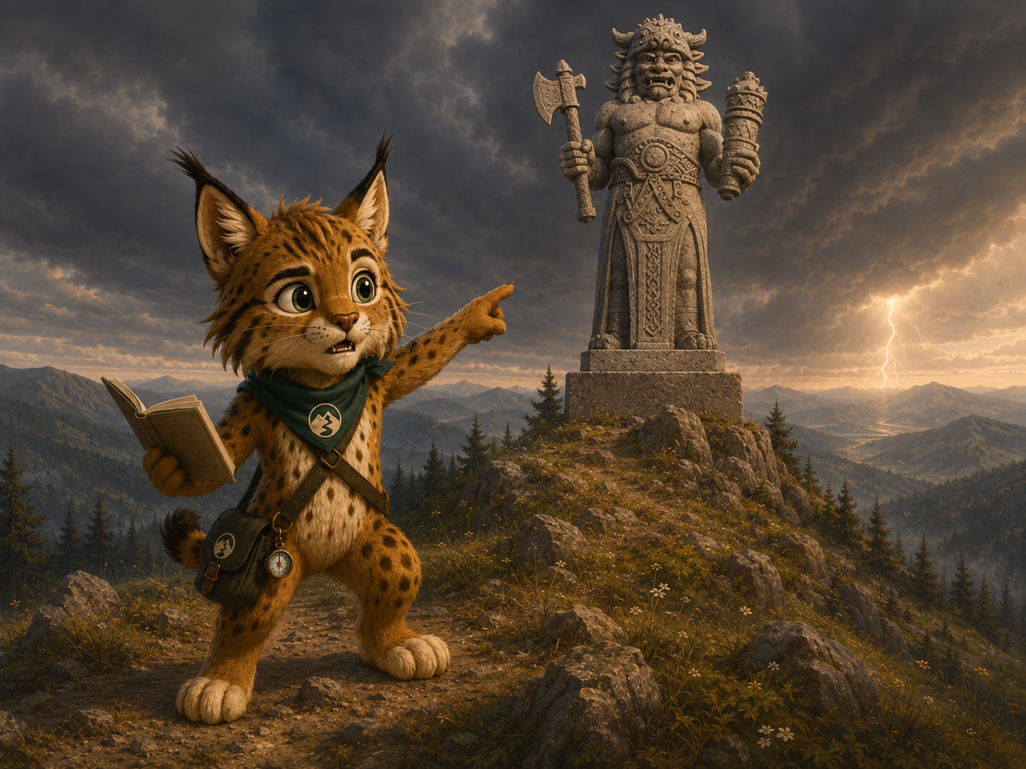 Rysík pointing at the Radegast statue on a stormy Beskid ridge